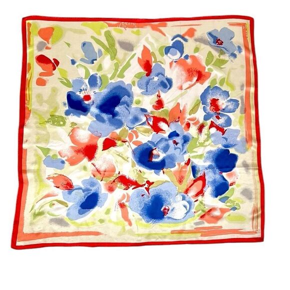 Silk Satin Square Scarf Floral Watercolor Print Hand Rolled Hand Printed 34x34” - Picture 2 of 12